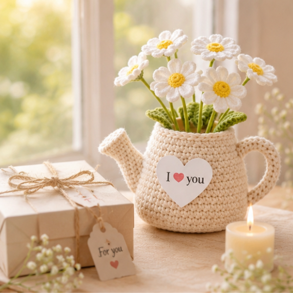 Handmade Crochet I Love You Multi Daisy Teapot, Handmade Flower Pot Anniversary Gift, Crochet Daisy, Desktop Decor