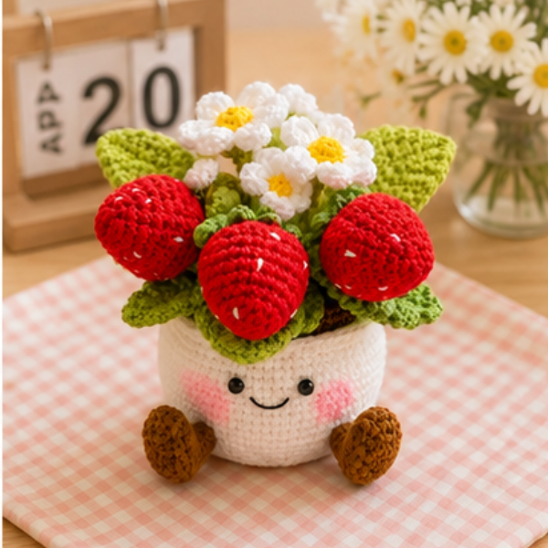 Handmade Crochet Strawberry Daisy Garden Pot