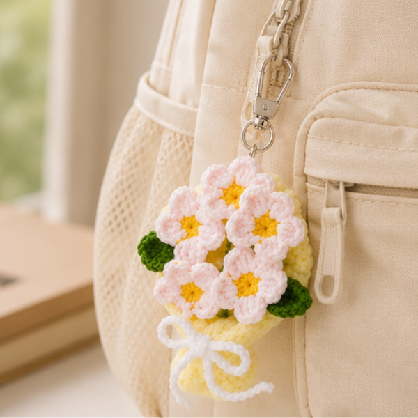 Handmade Crochet Multi Flower Bouquet Keychain, Amigurumi Flower Plant Charm, Bag Accessory