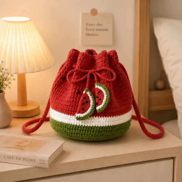 Handmade Crochet Watermelon Drawstring Bag