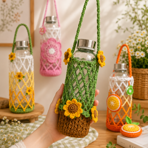 Handmade Crochet Garden Flower Water Bottle Holder