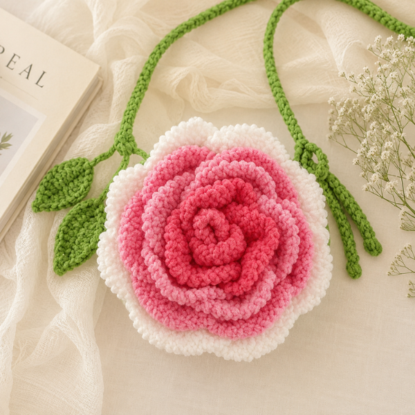 Handmade Crochet Pink Rose Crossbody Bag
