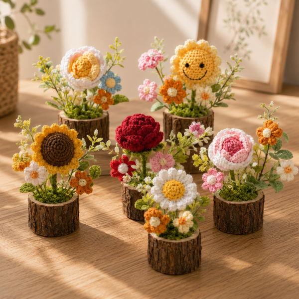 Handmade Crochet Bouquet Mini Forever Flower Wooden Pot