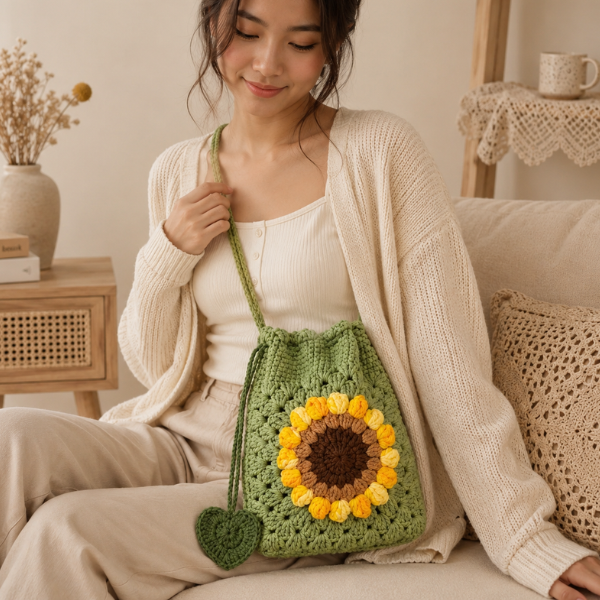 Handmade Crochet Boho Sunflower Drawstring Bag