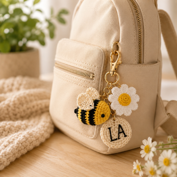 Handmade Crochet Personalized Name Bee Daisy Keychain
