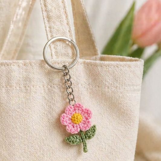 Handmade Crochet Peach Blossom Flower Keychain