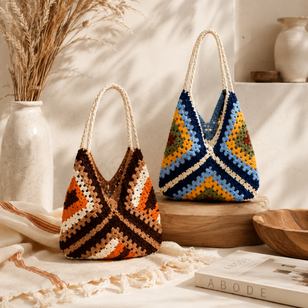 Handmade Crochet Colorblock Granny Tote Bag