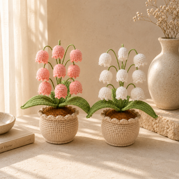 Handmade Crochet Pink And White Lily Of The Valley Flower Pot
