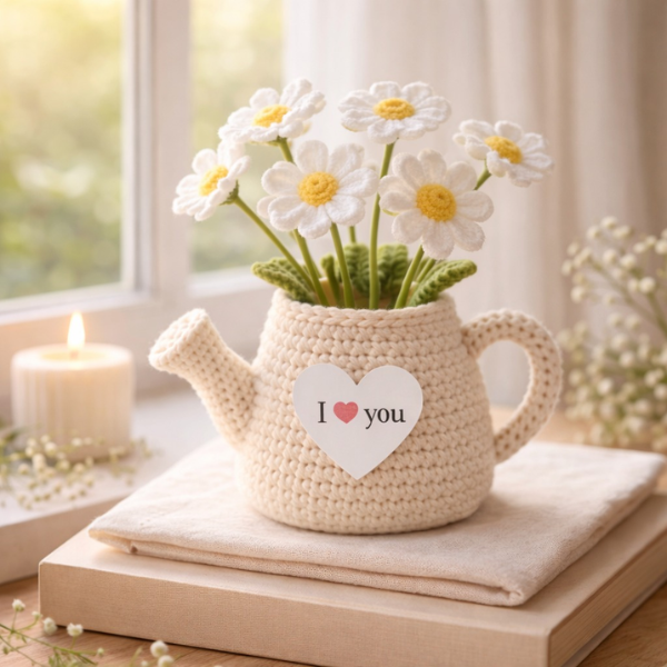Handmade Crochet I Love You Multi Daisy Teapot, Handmade Flower Pot Anniversary Gift, Crochet Daisy, Desktop Decor