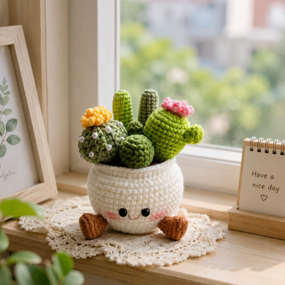 Handmade Crochet Smiling Cactus Crochet Pot