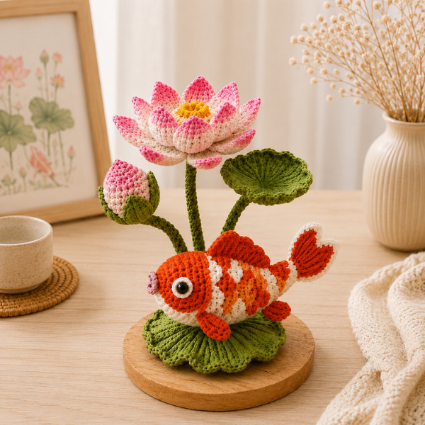 Handmade Crochet Koi Fish Lotus Flower Arrangement