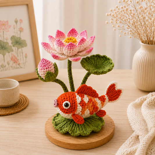 Handmade Crochet Koi Fish Lotus Flower Arrangement