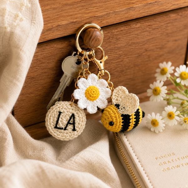 Handmade Crochet Personalized Name Bee Daisy Keychain