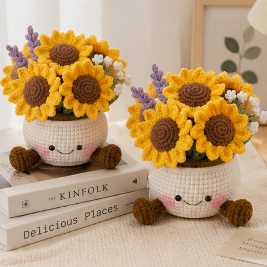 Handmade Crochet Adorable Smiling Sunflower Pot