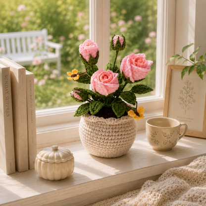 Handmade Crochet Pink Rose With Yellow Butterfly Flower Pot