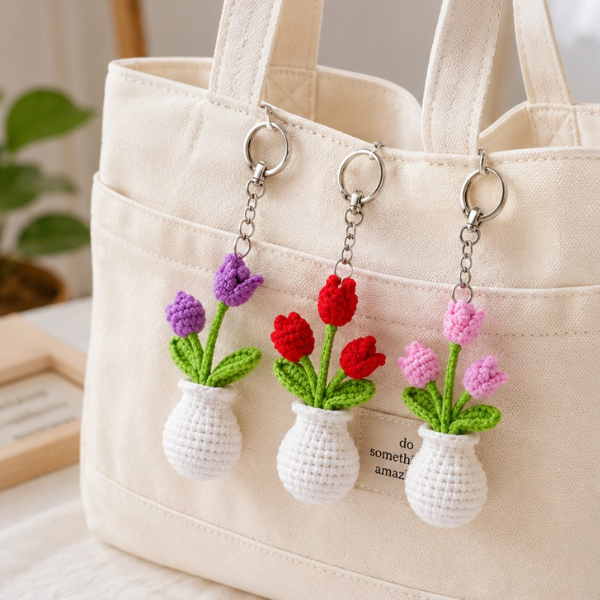 Handmade Crochet Tulip Flower Vase Keychain