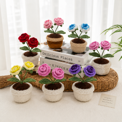 Handmade Crochet Twin Rose Flower Pot