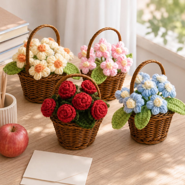 Handmade Crochet Daisy Rose Flower Bouquet Basket