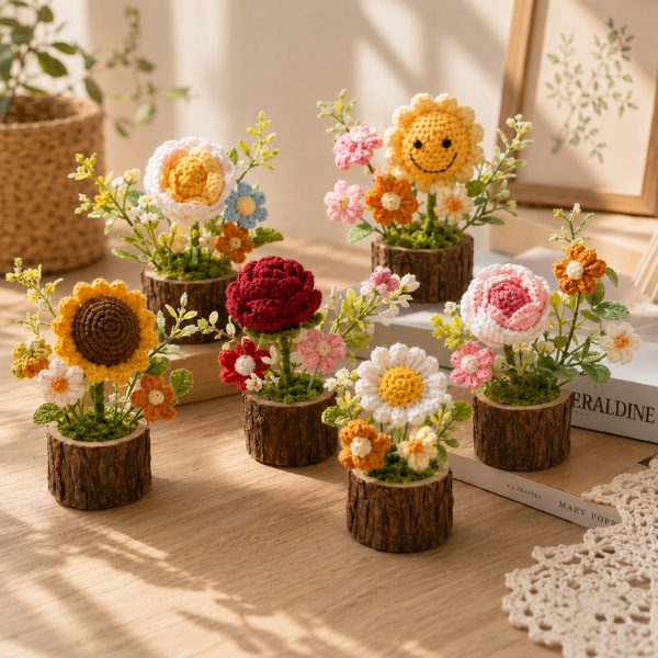 Handmade Crochet Bouquet Mini Forever Flower Wooden Pot