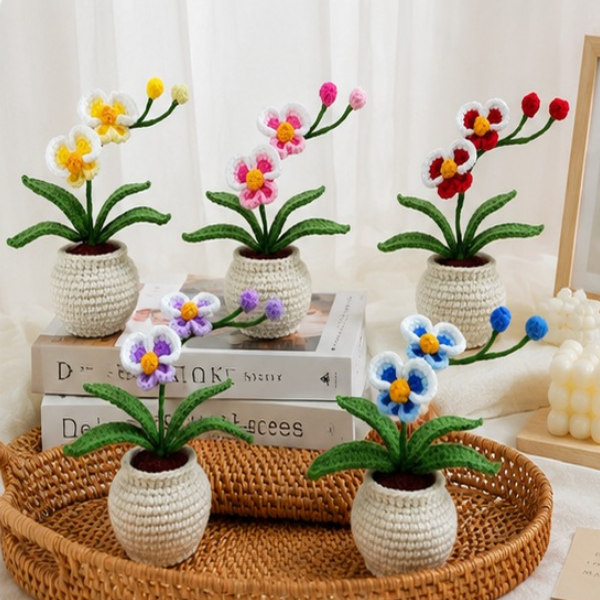 Handmade Crochet Orchid Bloom Branch Pot