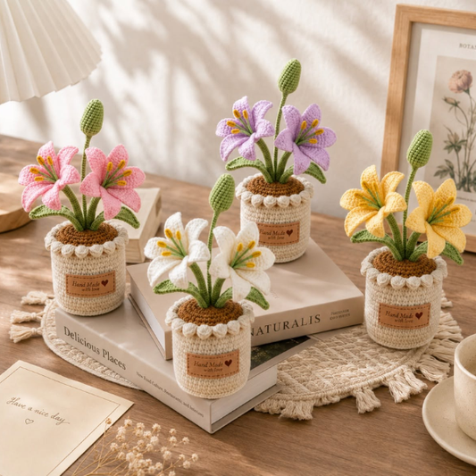 Handmade Crochet Lily Flower Bouquet Mini Pot