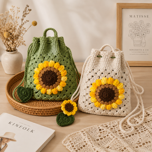 Handmade Crochet Boho Sunflower Drawstring Bag