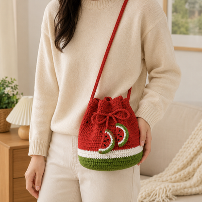 Handmade Crochet Watermelon Drawstring Bag