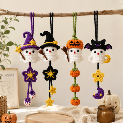 Handmade Crochet Halloween Ghost Witch, Pumpkin & Bat Decor Car Hanging