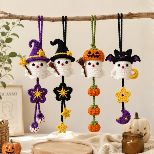 Handmade Crochet Halloween Ghost Witch, Pumpkin & Bat Decor Car Hanging