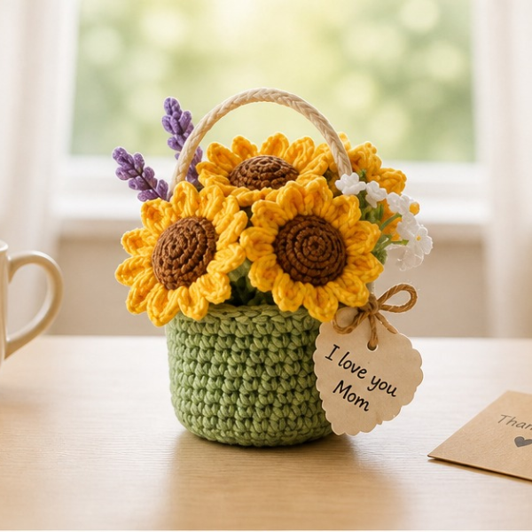Handmade Crochet I Love You Mom Sunflower Pot, Cute Desk Decor, Home Decor, Relaxing Gift For Mom, Gift For Girlfriend, Crochet Sunflower