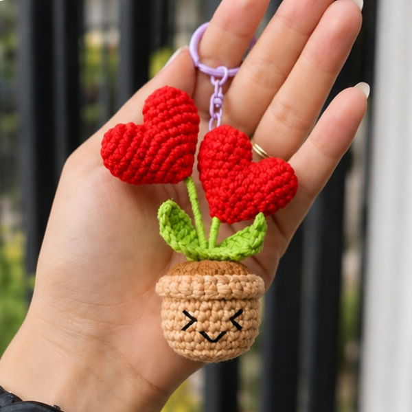 Handmade Crochet Heart Flower Pot Keychain