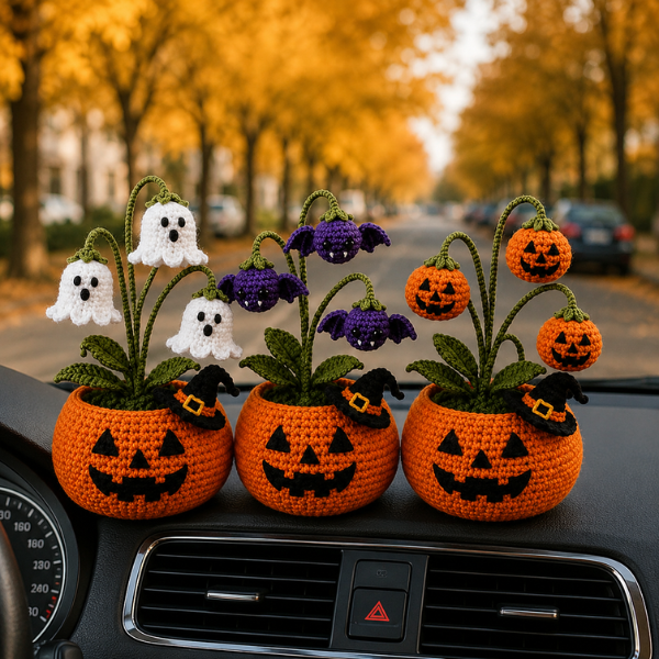 Handmade Crochet Halloween Pumpkin Ghost Pot