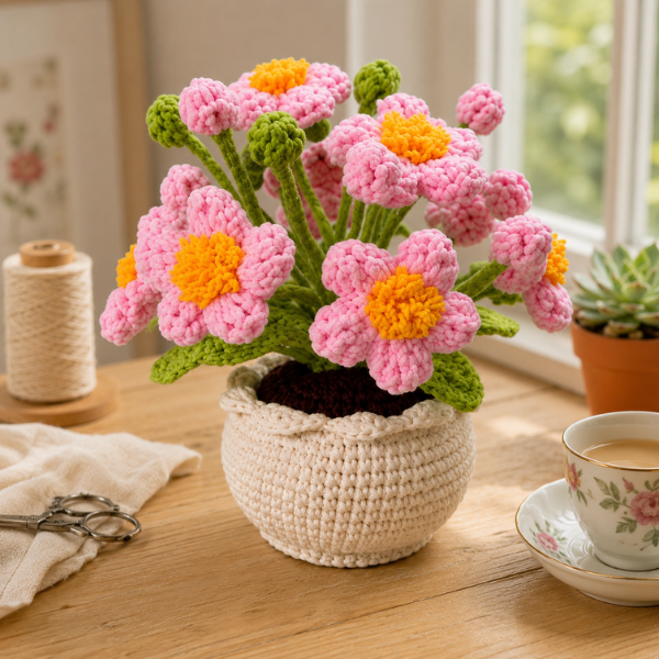 Handmade Crochet Cute Pink Daisy With Buds Flower Pot