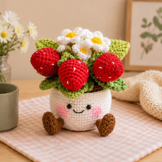 Handmade Crochet Strawberry Daisy Garden Pot