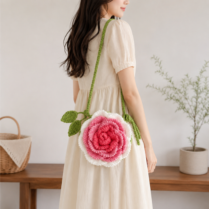 Handmade Crochet Pink Rose Crossbody Bag
