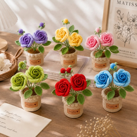 Handmade Crochet Rose Flower Bouquet Mini Pot