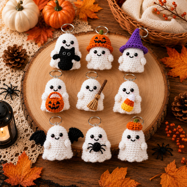 Handmade Crochet Halloween Spooky Cute Ghost Keychain
