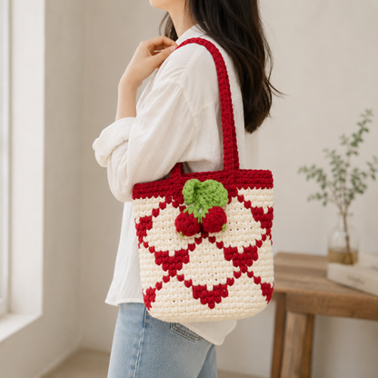 Handmade Crochet Cherry Checker Tote Bag