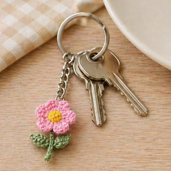 Handmade Crochet Peach Blossom Flower Keychain