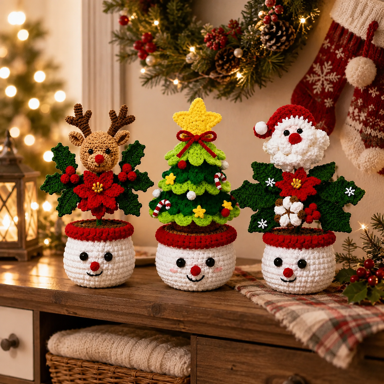 Handmade Crochet Cute Christmas Festive Character Pot