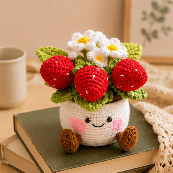 Handmade Crochet Strawberry Daisy Garden Pot