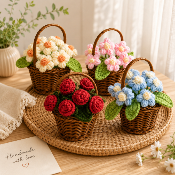 Handmade Crochet Daisy Rose Flower Bouquet Basket