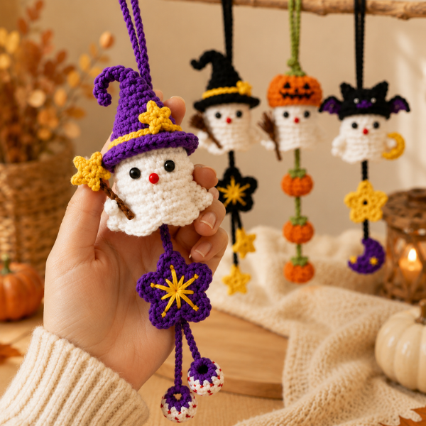 Handmade Crochet Halloween Ghost Witch, Pumpkin & Bat Decor Car Hanging