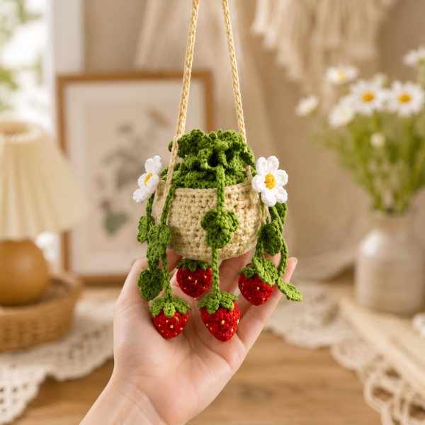 Handmade Crochet Strawberry Mix Daisy Flower Vine Car Hanging