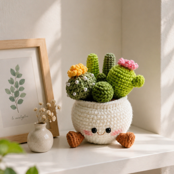 Handmade Crochet Smiling Cactus Crochet Pot