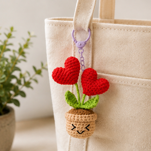 Handmade Crochet Heart Flower Pot Keychain