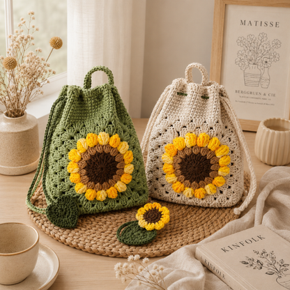 Handmade Crochet Boho Sunflower Drawstring Bag