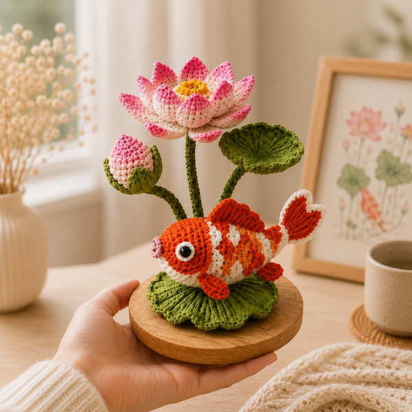 Handmade Crochet Koi Fish Lotus Flower Arrangement