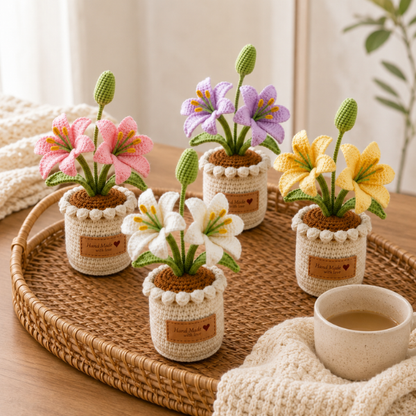 Handmade Crochet Lily Flower Bouquet Mini Pot