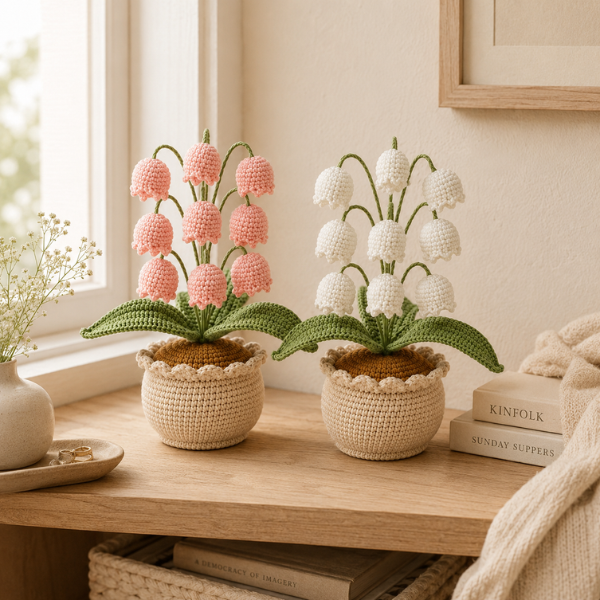 Handmade Crochet Pink And White Lily Of The Valley Flower Pot